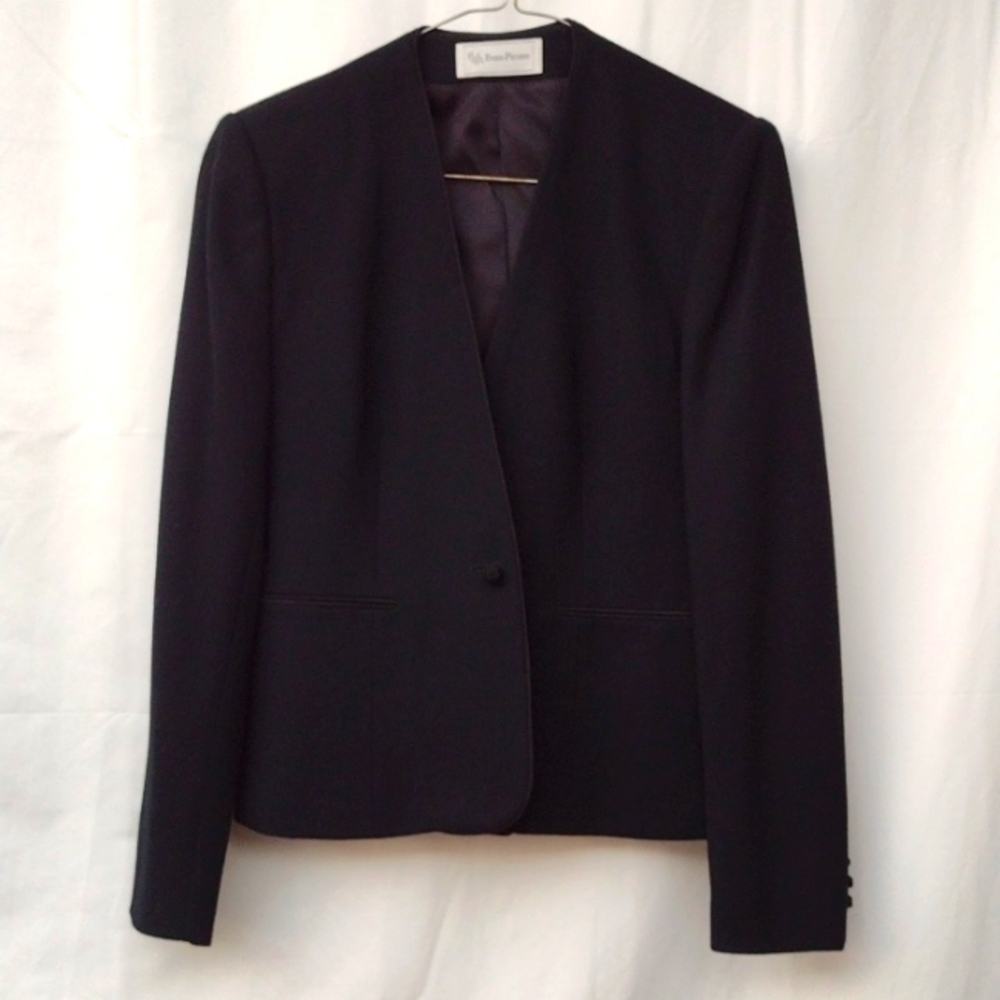 Vintage Evan-Picone Black Wool Collarless Blazer Women's 6 Union Label